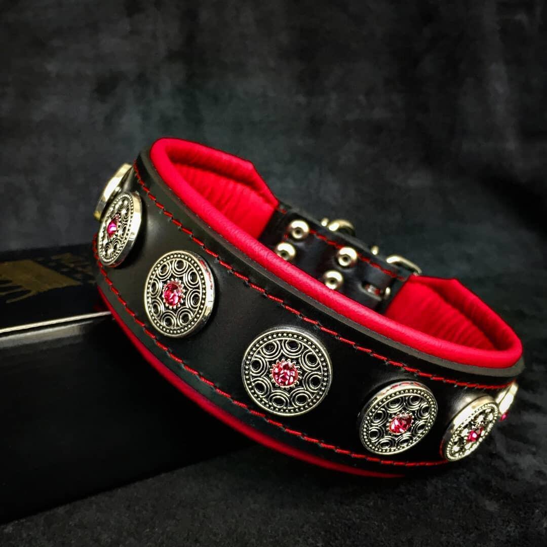 Bestia Bijou Black & Red Leather Dog Collar