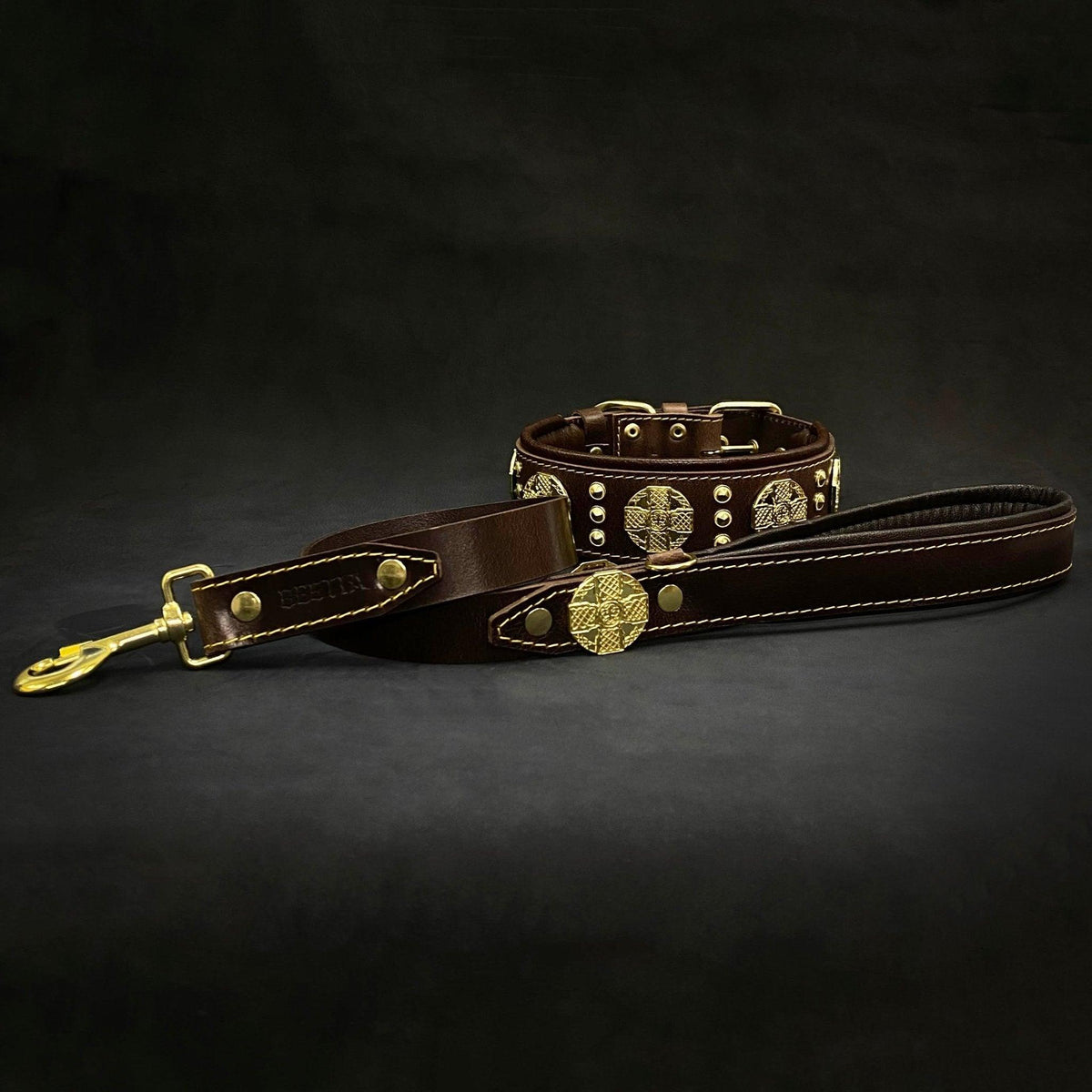 Bestia Maximus Brown & Gold 2.5 in Leather Dog Collar