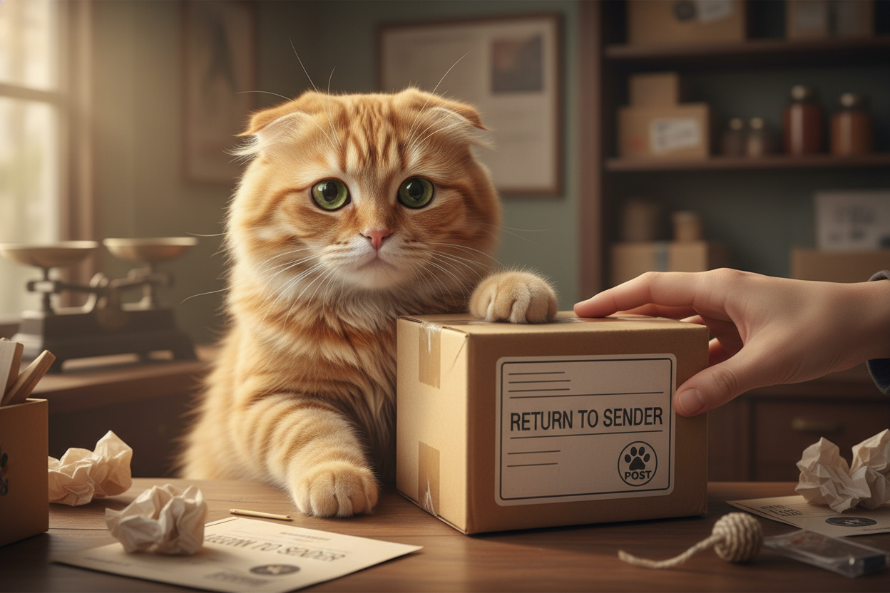a cat getting a package back from a customer being sad