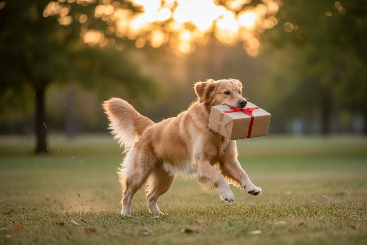a dog who is carring a package while running fast