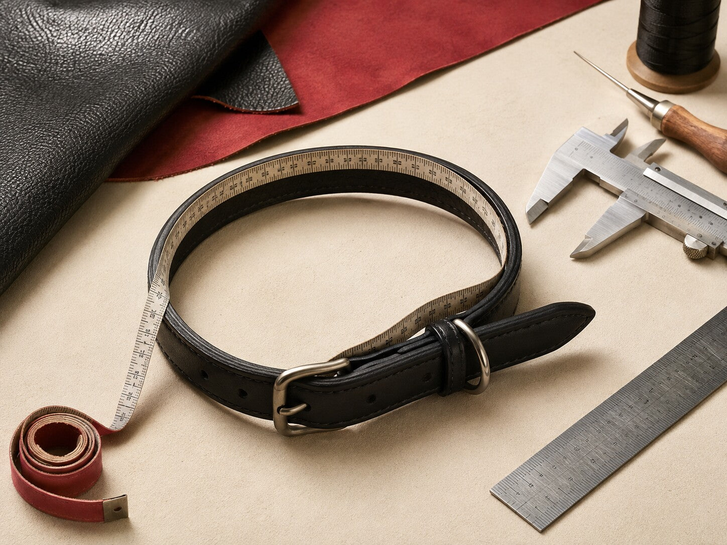 Leather collar with measuring tape, ruler and precision fitting tools